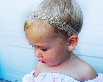 Flower Girl Headband, Baby Gold Lace Headband, Baby Headband Lace, Gold Baby Headband, Lace Crown Baby, Baby Headband, Lace Crown, Newborn