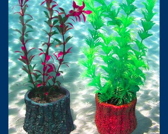 Tree Stump Aquarium Decoration with Tall Artificial Plant. Choice of color & style. Heavy fish tank decor ornament.