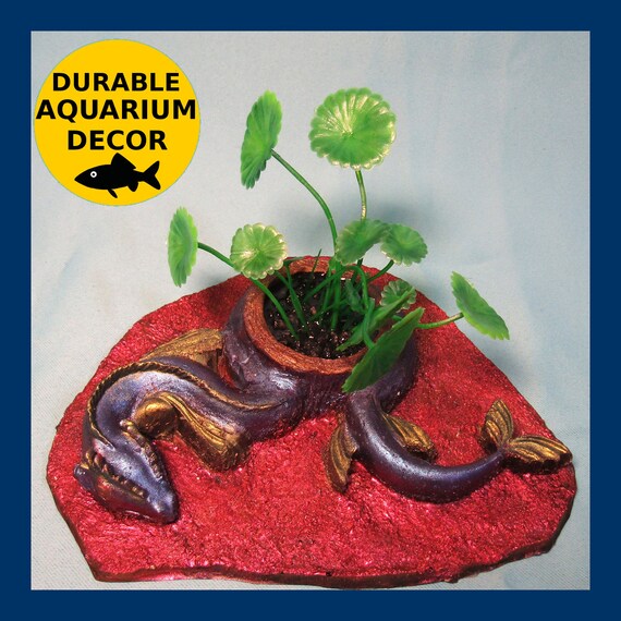 Blue and Gold Sea Dragon Aquarium Decoration With Artificial Plant. Fantasy Fish  Tank Decor Ornament. 