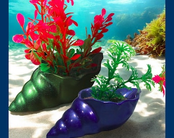 Long Shell Aquarium Decoration. Choice of color & plant style.  Small, colorful fish tank ornament.