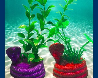 Cobra Snake Aquarium Decoration with Artificial Plant.  Choice of color & style. Creepy fish tank decor ornament.