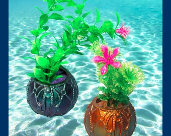 Fancy Ball Aquarium Decoration with Green and Pink Flower Plant. Choice of color. Large & heavy fish tank ornament.