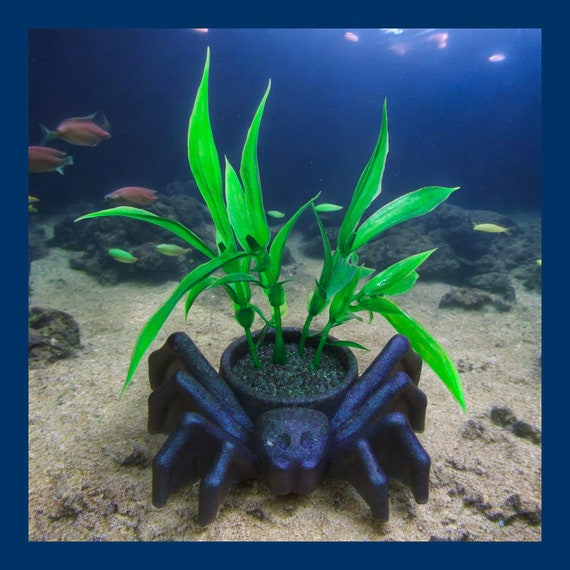 Blue Spider Aquarium Decoration With Artificial Green Plant. Creepy Halloween Tank Decor Ornament Etsy