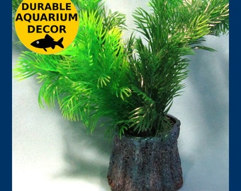 Teal & Copper Tree Stump Aquarium Decoration with Tall Green Bushy Artificial Plant. Durable and Heavy Fish Tank Decor Ornament!