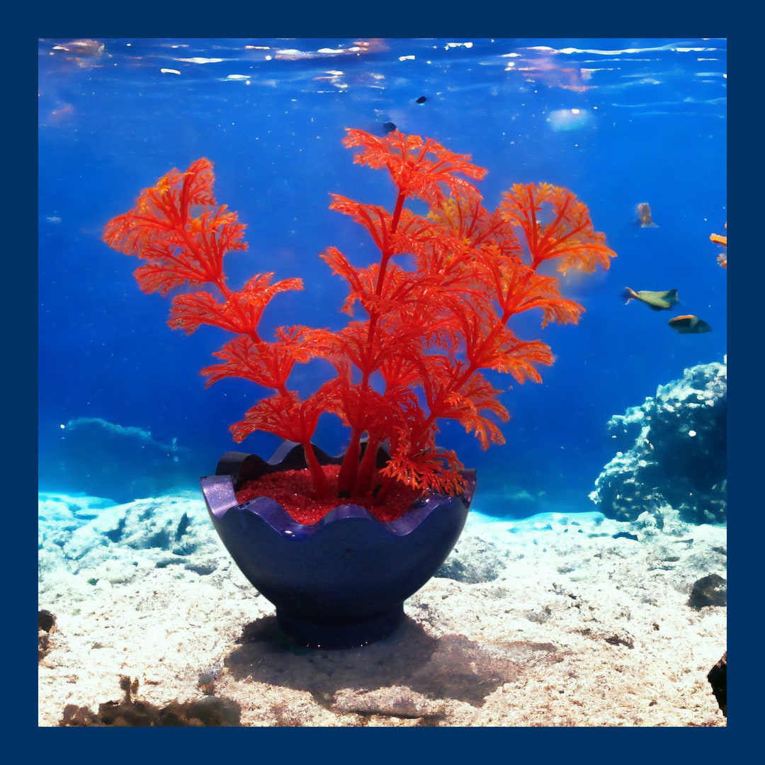 Wavy Pot Aquarium Decoration. Royal Blue With Orange Artificial Plant ...