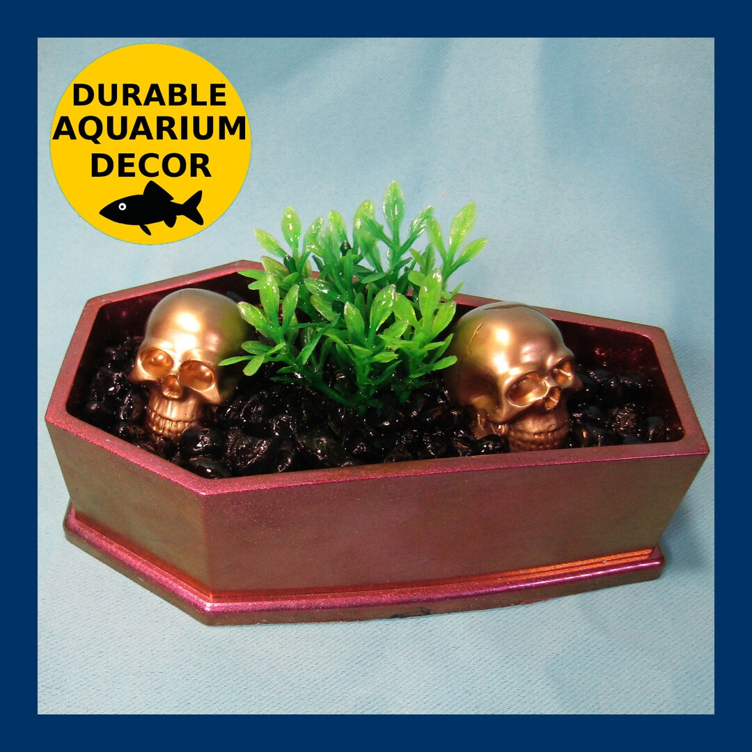 Red Orange Coffin Aquarium Decoration With Gold Skulls and Green