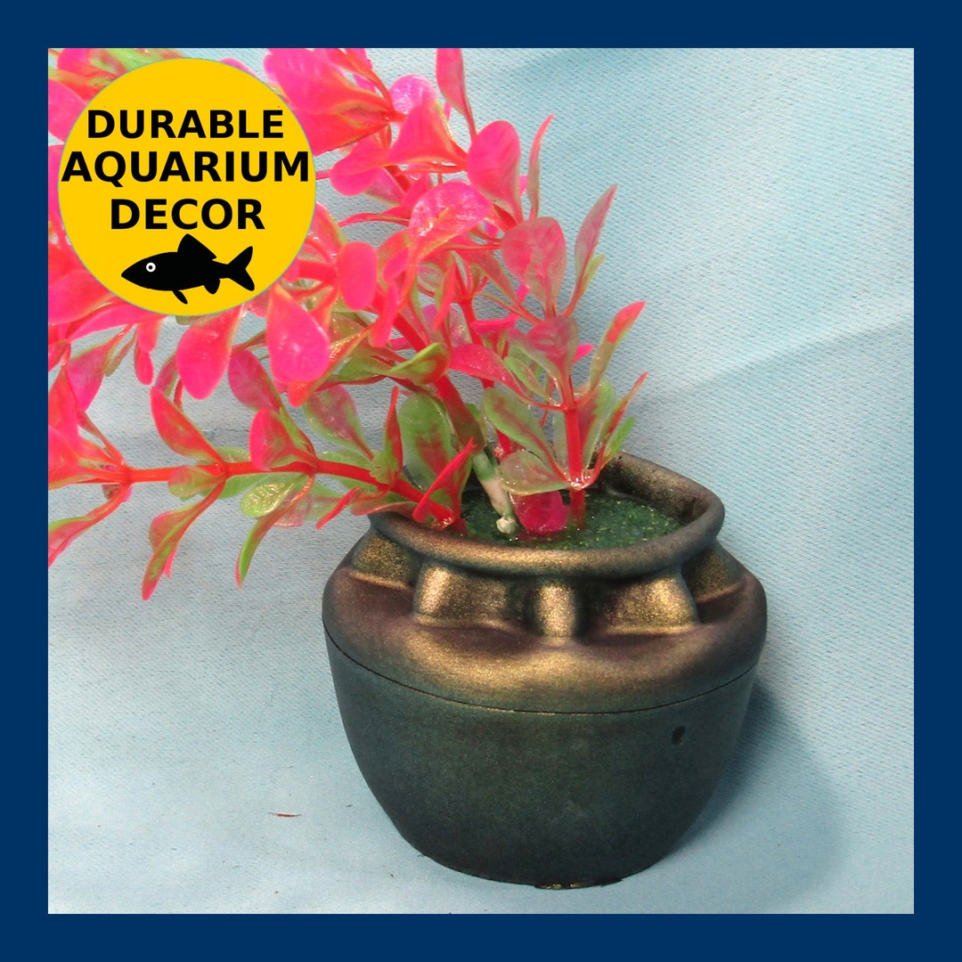 Green Sunken Ruins Pot Aquarium Decoration With Pink and Green Artificial Plant. One of a Kind