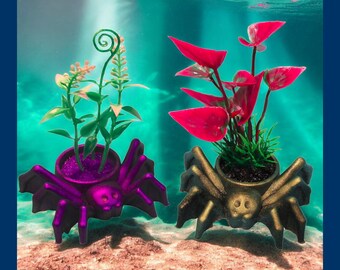 Colorful Spider Aquarium Decoration with Artificial Plant. Choice of colors & style. Creepy Halloween fish tank ornament.