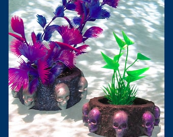 Skull Ring Aquarium Decoration with Artificial Plant. Choice of color & style. Creepy horror themed fish tank decor ornament.