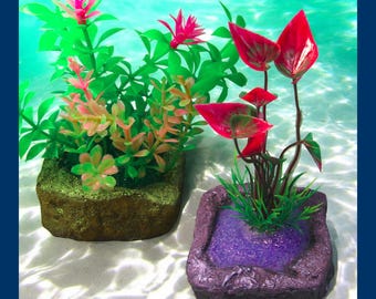 Rock Garden Aquarium Decoration with Artificial Plants. Choice of style. One of a kind fish tank decor ornament.