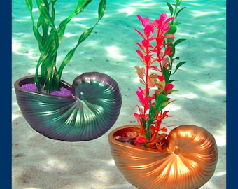 Jumbo Snail Shell Aquarium Decoration with Tall Artificial Plant.  Choice of color & plant style. Heavy fish tank  decor ornament.