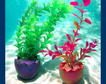 Cracked Egg Aquarium Decoration with Artificial Plant. Choice of color & style. Heavy fish tank decor ornament.