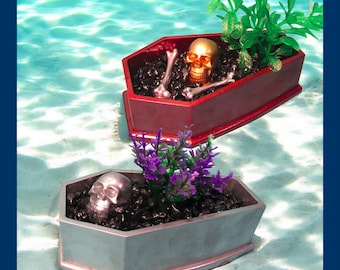 Skull Coffin Aquarium Decoration with Plant. Choice of color & style. Creepy Halloween fish tank ornament