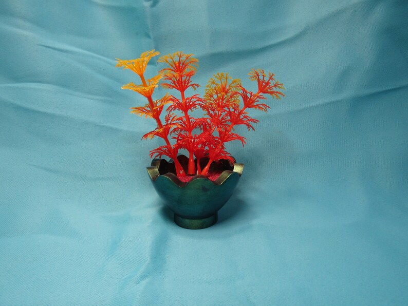 Wavy Pot Aquarium Decoration. Green Gold Base With Orange and Yellow Artificial Plant. One of a