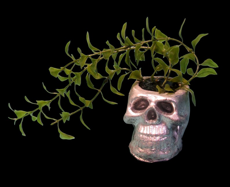 Large Zombie Skull Aquarium Decoration. Silver With Tall Green