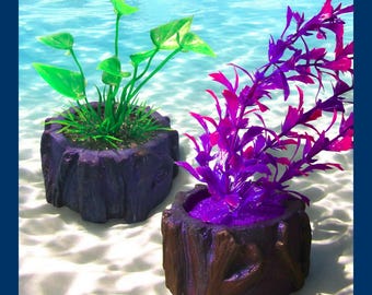 Fancy Tree Stump Aquarium Decoration with Artificial Plant. Choice of color & style. Unique fish tank decor ornament.