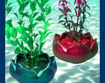 Lotus Flower Aquarium Decoration with Tall Plant. Choice of color & style. Heavy handmade fish tank ornament!