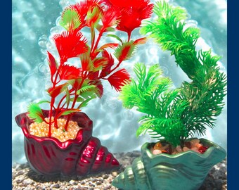 Conch Shell Aquarium Decoration with Pearls and Artificial Plant. Color & Style Choice. Heavy fish tank decor ornament.