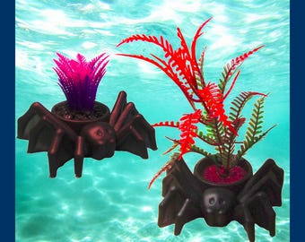 Black Widow Spider Aquarium Decoration with Artificial Plant. Choice of plant style. Creepy Halloween fish tank ornament.