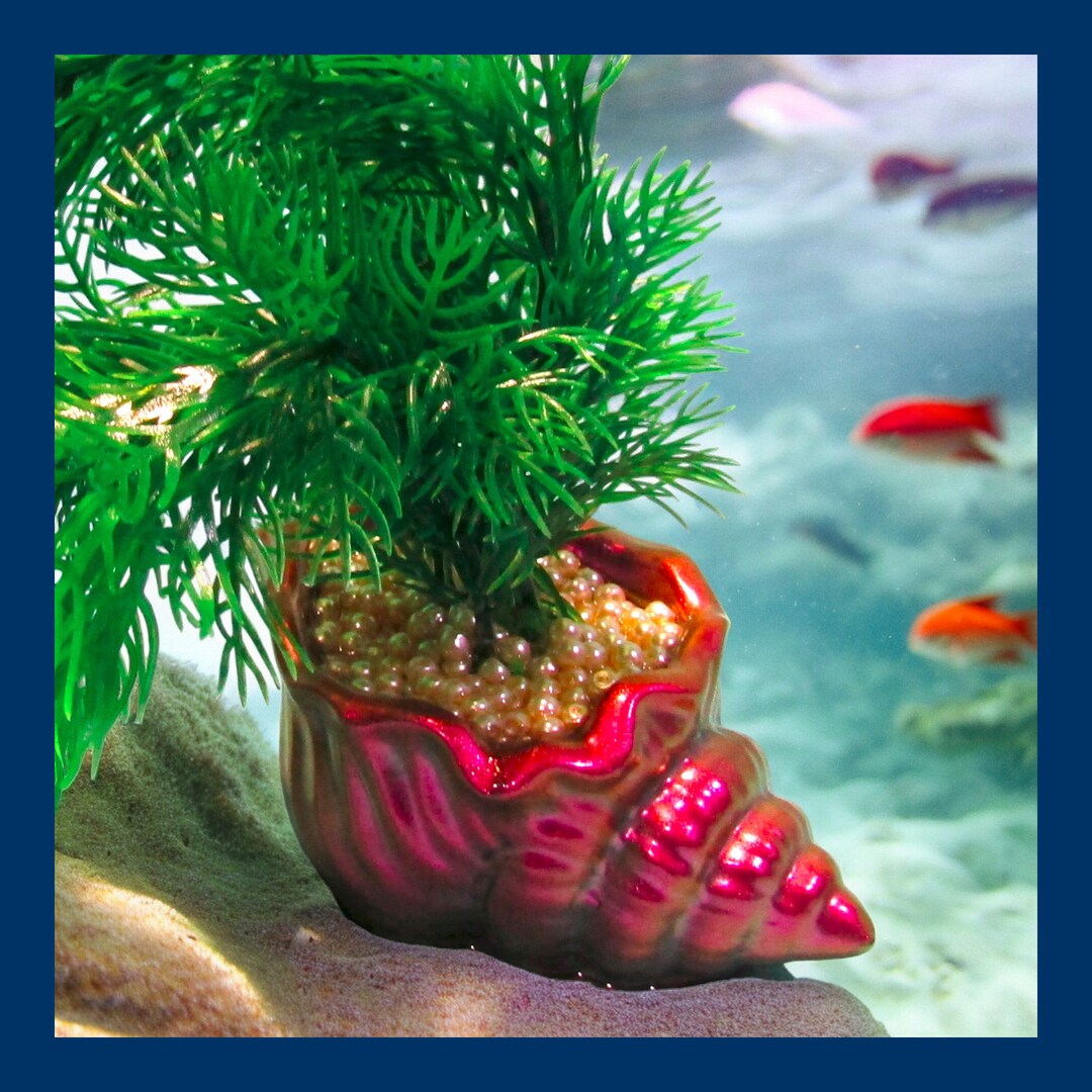 Conch Shell Aquarium Decoration With Tall Green Artificial Bushy Plant ...