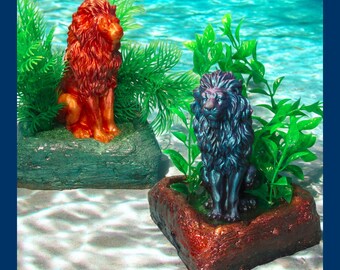 Large Lion Aquarium Decoration with Green Artificial Plants. Choice of color.  Unique fish tank decor ornament.