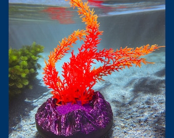 Large Volcano Mountain Aquarium Decoration. Blue-Purple with Tall Bright Fire Orange and Red Artificial Plant. Fish Tank Ornament!