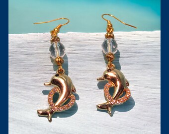 Gold Dolphin Earrings with Crystal Quartz Gemstone Beads. One of a Kind Jewelry!