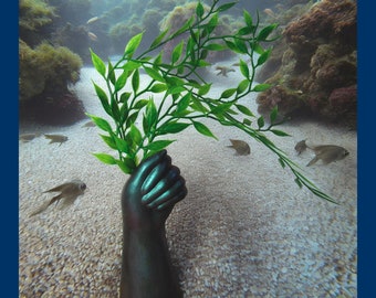 Bouquet Holder Aquarium Decoration. Dark Blue Hand with Tall Artificial Plant. Unusual Fish Tank Ornament.