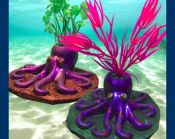 Octopus Aquarium Decoration with Artificial Plant. Choice of color & style. Fish tank decor ornament.