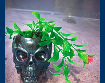 Skull Aquarium Decoration. Blue-Purple with Green and Pink Flower Artificial Plant. Creepy Fish Tank Decor Ornament.