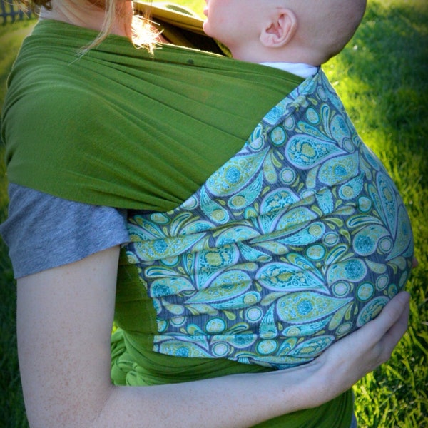 Baby Wrap: Lux stretch jersey knit in olive green with gorgeous grey and teal paisley front support panel!