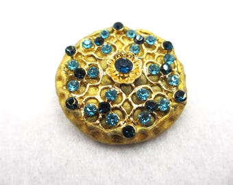 Button with Turquoise Blue Crystals and Gold Filigree for Evening Wear