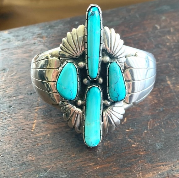 Navajo Turquoise and Sterling Silver Wide Cuff Br… - image 1