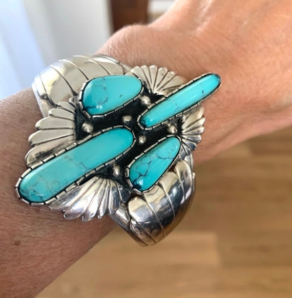 Navajo Turquoise and Sterling Silver Wide Cuff Br… - image 2