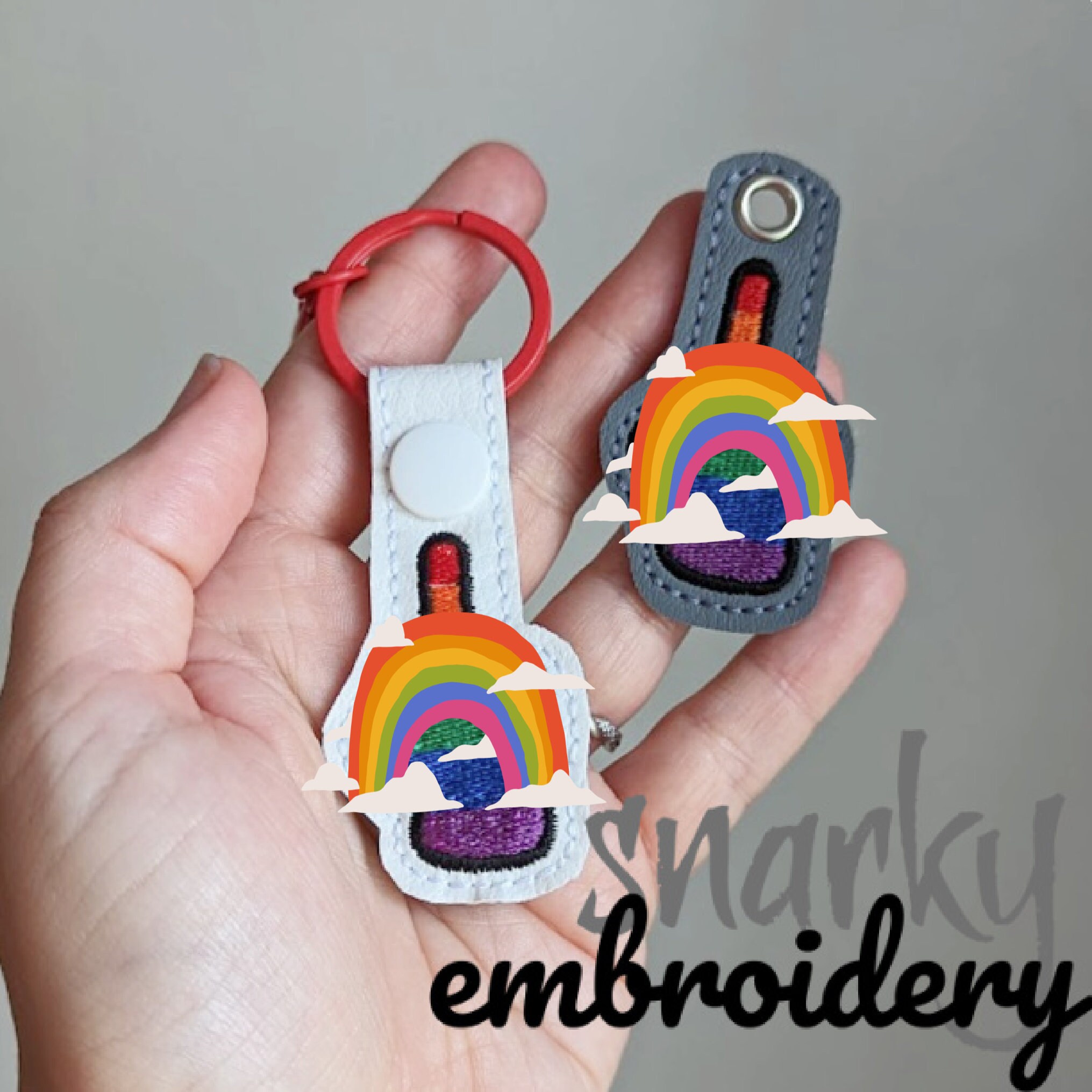 DIGITAL FILE - Rainbow Pride Stripes Middle Finger Emoji, Flag Pride Snap Tab & Eyelet Embroidery Design for Key Fob