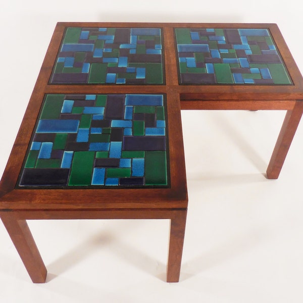 Mid Century Modern Brown Saltman Style Tiled Walnut Corner Table