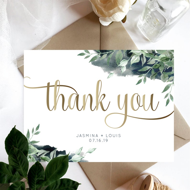 Customized Navy Blue Bohemian Blue Wedding Thank You Cards Personalized Thank You Card Gold Leafy Green Watercolour Thank You Card