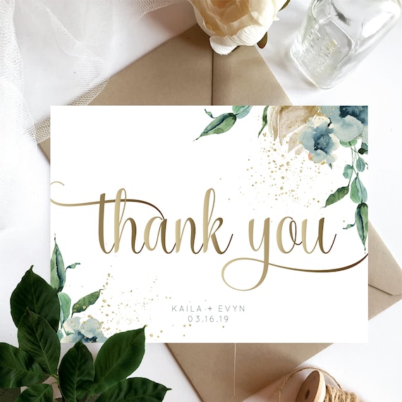 Watercolour Floral Blue Personalized Wedding Thank You Cards
