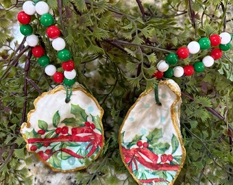 Coastal Decoupage Oyster Shell Christmas Ornament: Handmade Holly & Ribbon