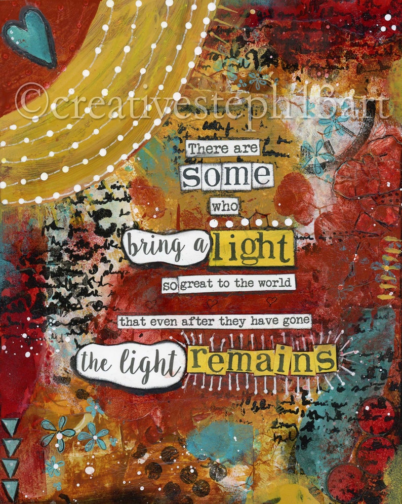 Loss of a Loved One Mixed Media Art, Light Remains, Sympathy Gift, Gift for Grief, Celebration of Life, Sorrow Sadness Quote, Memorial Gift image 2