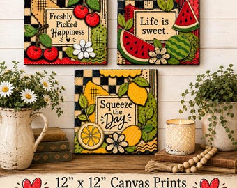 Whimsical Kitchen Art, Colorful Kitchen Canvas Prints, Fruit Wall Art, Cherry Lemon Watermelon Decor, 12x12 Canvas