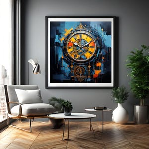 May include: A framed abstract painting of a clock with gold accents and a blue, yellow, and orange background.