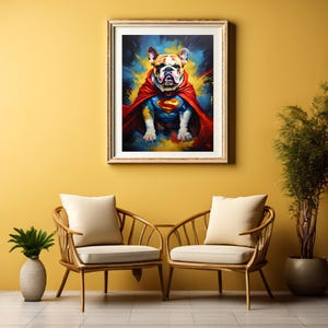 Arte murale astratta con supereroe bulldog: download di stampe digitali per arredare la casa in stile moderno