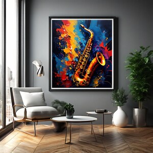 May include: A colourful abstract painting of a gold saxophone with splashes of blue, red, yellow, and orange paint.