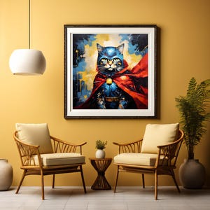 Impressão digital abstrata de super-herói gato caprichoso: decoração de parede colorida para fãs de quadrinhos