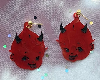 Kewpie Inspired Baby Devil Earrings, Acrylic Earrings, Halloween Earrings, Devil Earrings, Cute Earrings, Statement Earrings,Spooky Earrings