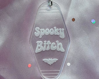 Spooky Bitch Keychain, Acrylic Keychain, Vintage Keychain, Motel Key Tags, Retro Keychain, Bat Keychain