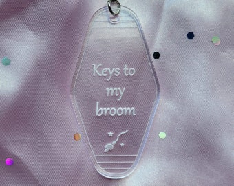 Keys To My Broom Keychain, Acrylic Keychain, Motel Key Tag, Retro Keychain, Witchy Keychain