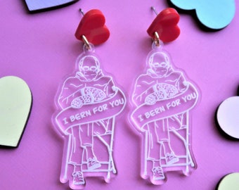 Bernie Sanders Earrings, I Bern For You Earrings, Bernie Mittens, Acrylic Earrings, Valentines Day Earrings, Heart Earrings