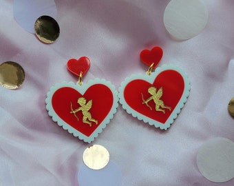 Cupid Heart Earrings, Acrylic Earrings, Acrylic Heart Earrings, Lace Heart Earrings, Valentines Day Earrings, Cupid Earrings